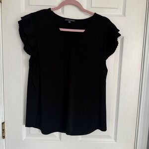 Adrianna Papell Black V-Neck Blouse Pleated Ruffle Cap Sleeve Top XL